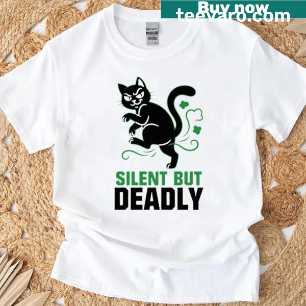 Funny T-shirt with cartoon cat and 'Silent But Deadly' text