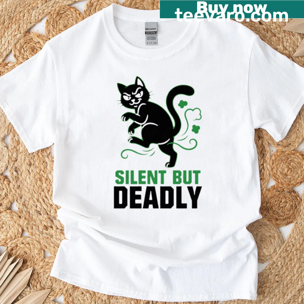 Funny T-shirt with cartoon cat and 'Silent But Deadly' text — on a men's t-shirt