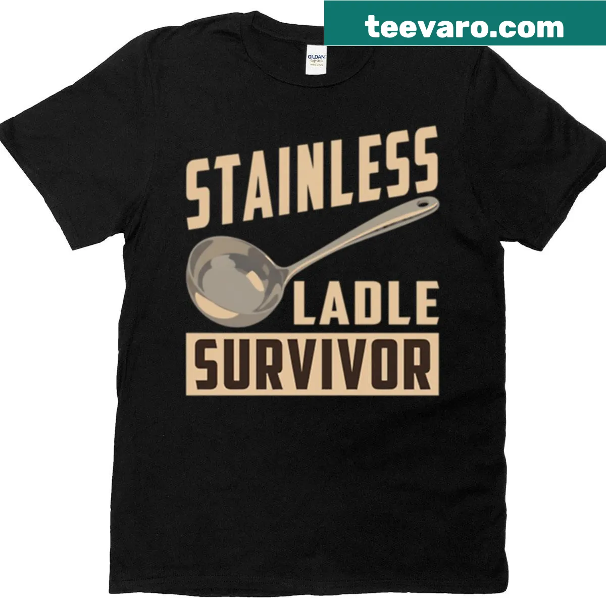 Funny Kitchen Humor T-shirt with stainless ladle graphic — on a men's t-shirt