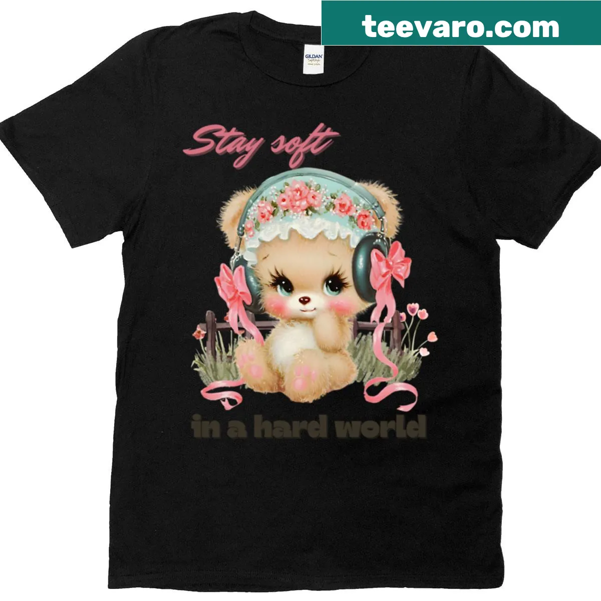 Cute puppy illustration with the phrase 'Stay Soft In A Hard World' on t-shirt — on a men's t-shirt