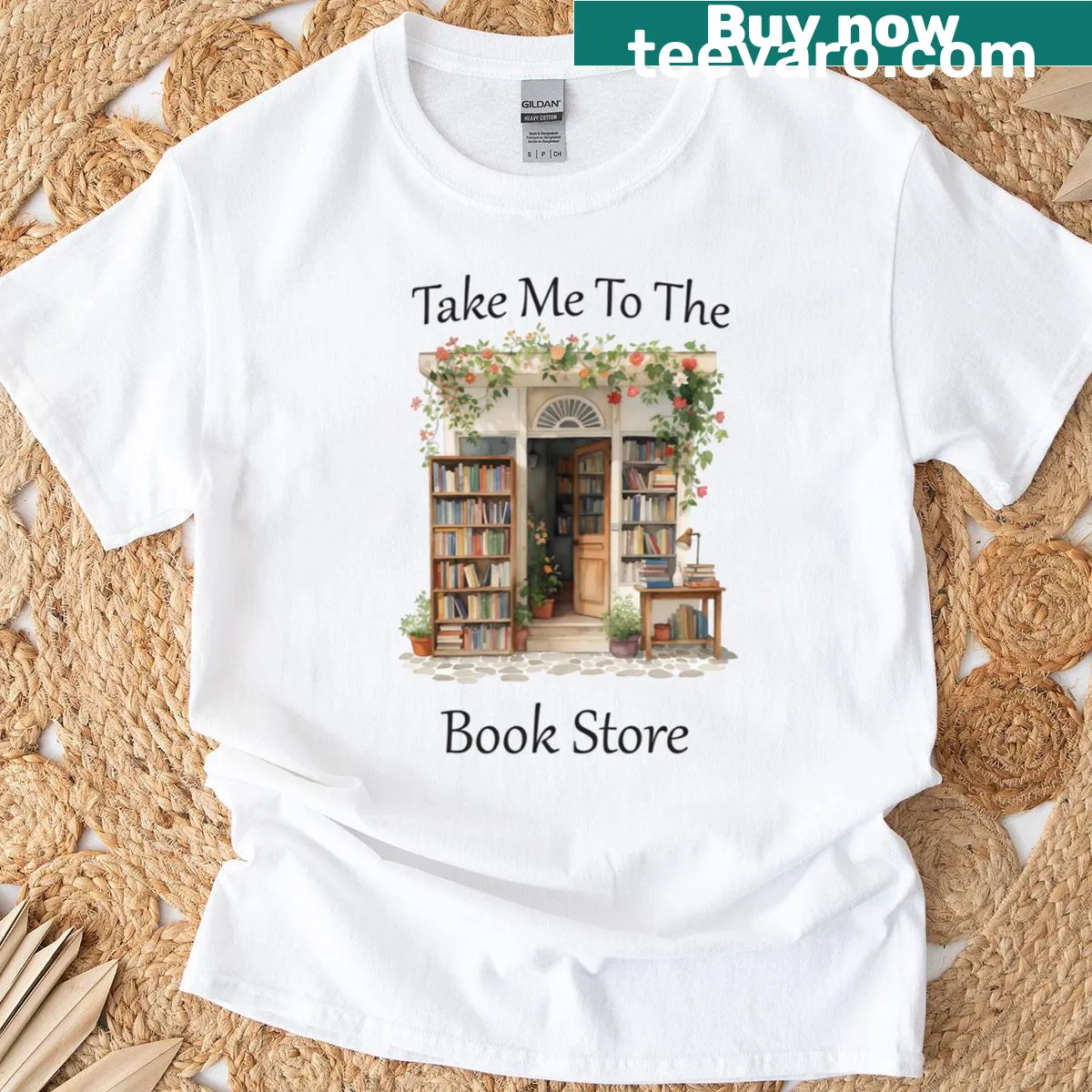 Illustrated cozy book store graphic on a cottagecore t-shirt — on a men's t-shirt