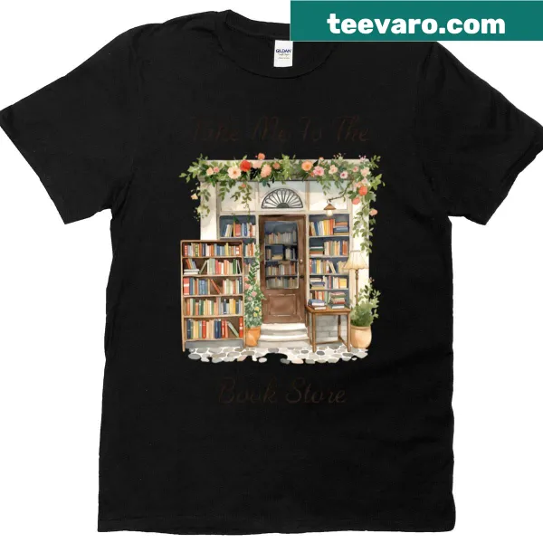 Watercolor illustration of a cozy bookstore on a t-shirt