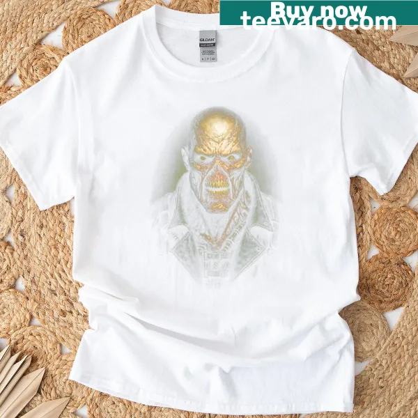 Illustrated humanoid zombie graphic on a horror-themed t-shirt