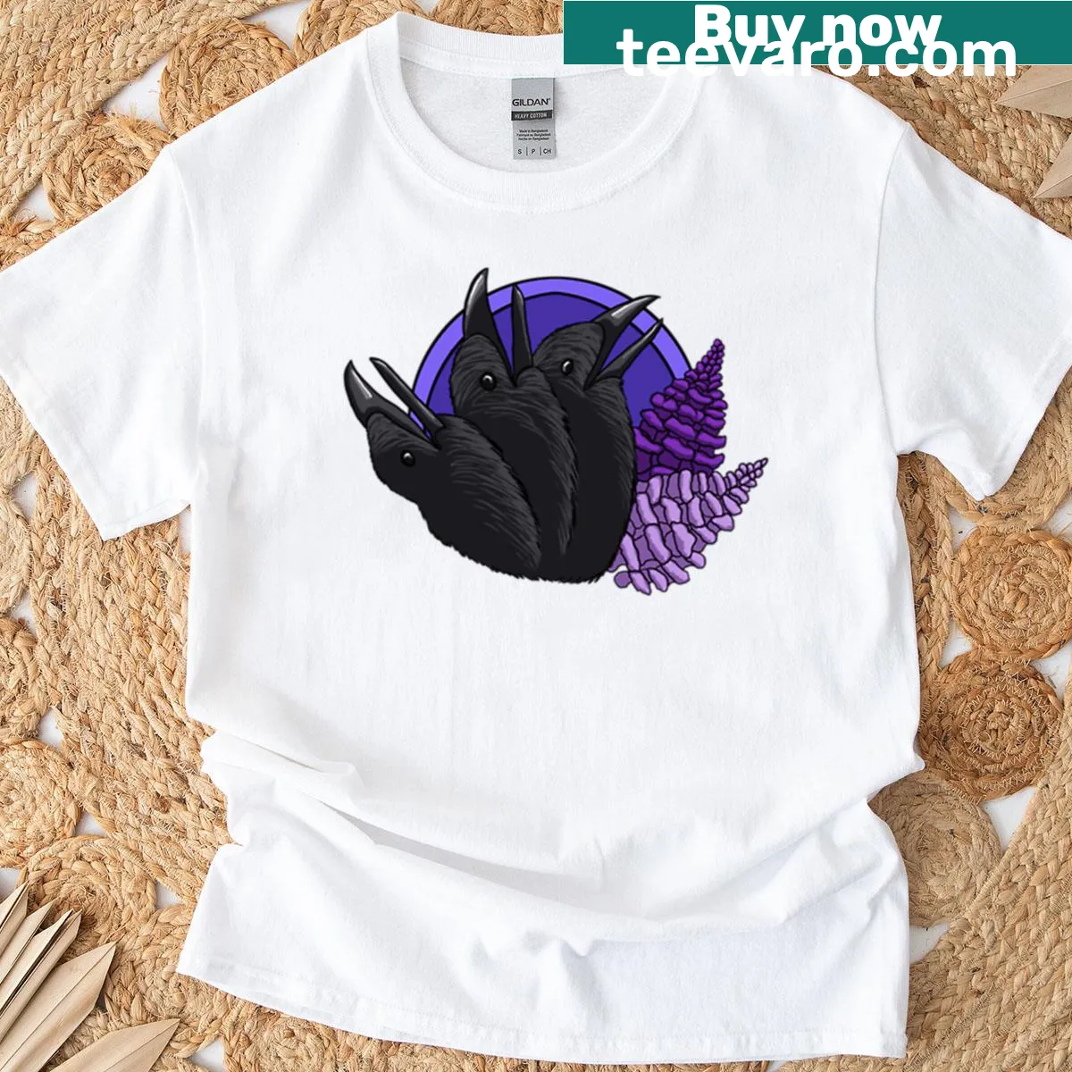 Illustration of a three-headed crow on a t-shirt. — on a men's t-shirt