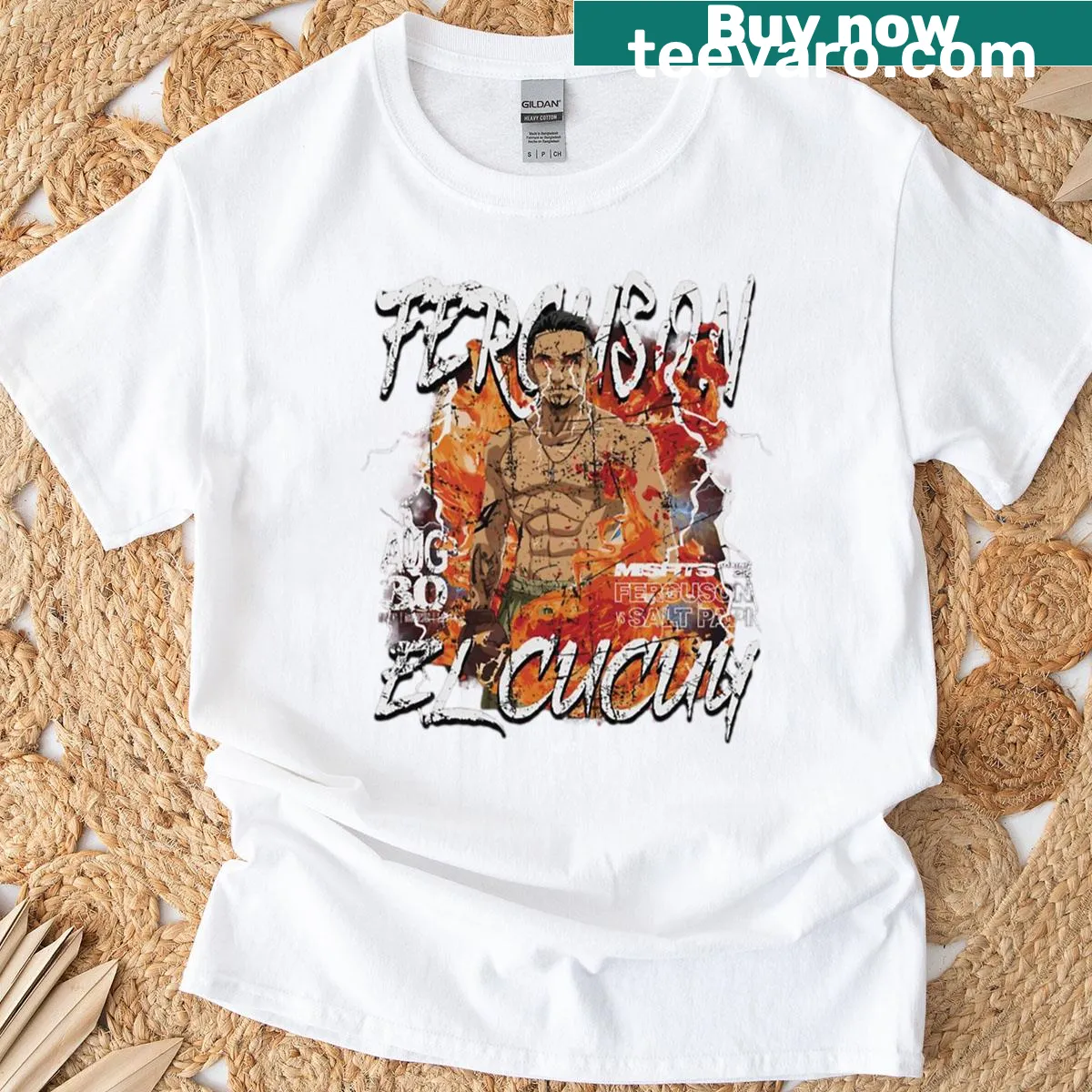 Illustrated graphic of Tony Ferguson, El Cucuy, on a sports t-shirt — on a men's t-shirt