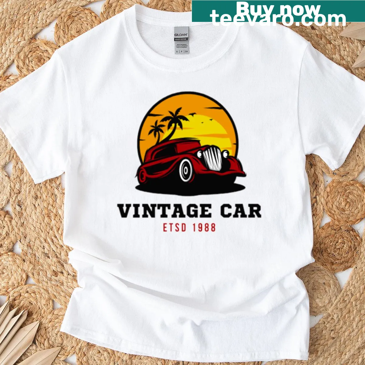 Retro design t-shirt featuring a classic vintage car illustration — on a men's t-shirt