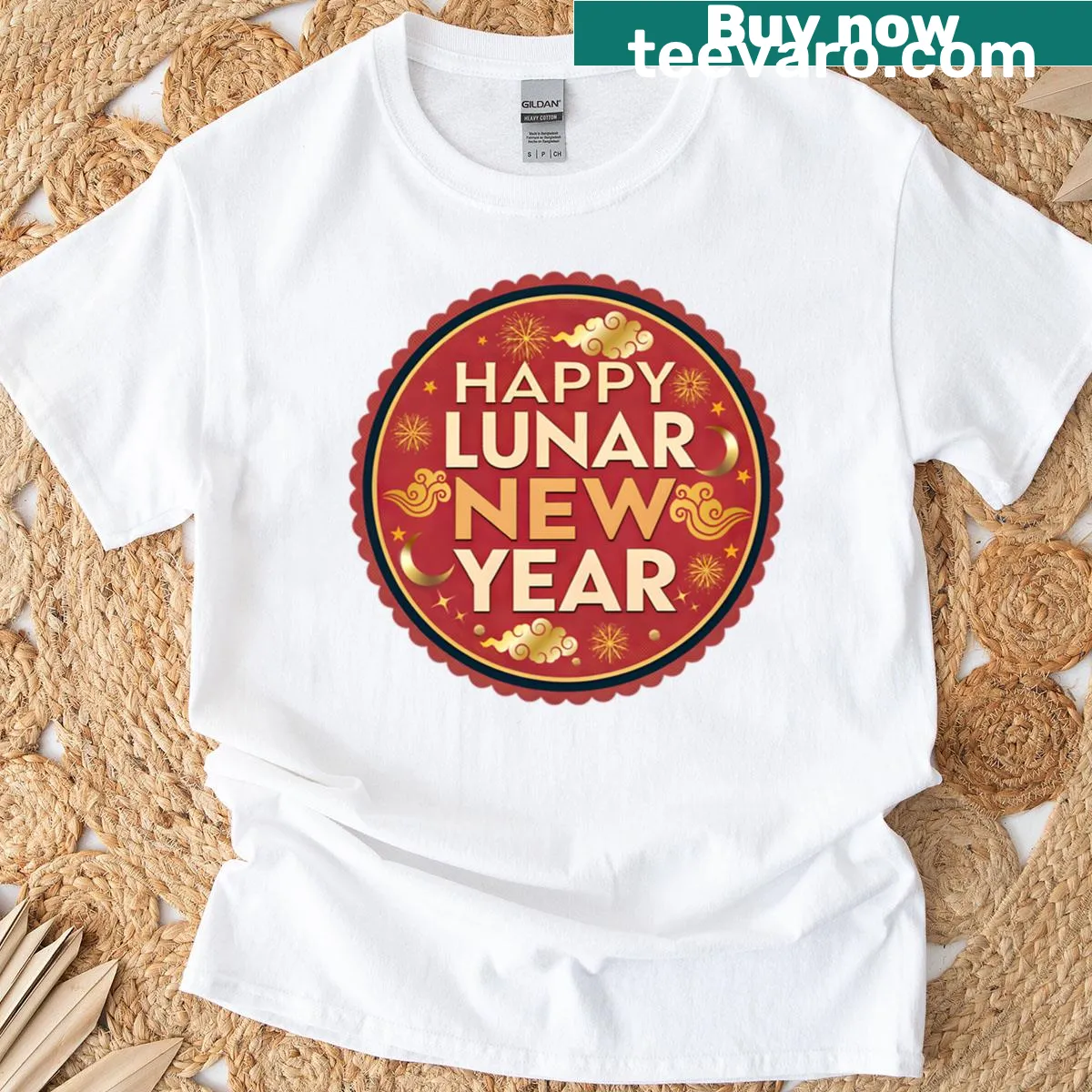 Vintage Lunar New Year greeting badge T-shirt — on a men's t-shirt