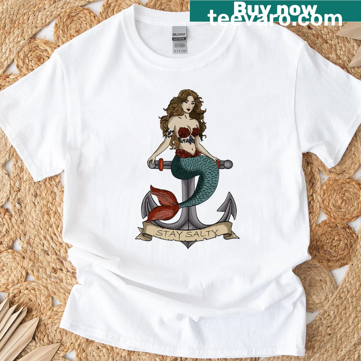 Vintage mermaid design with the phrase Stay Salty on a T-shirt — on a men's t-shirt