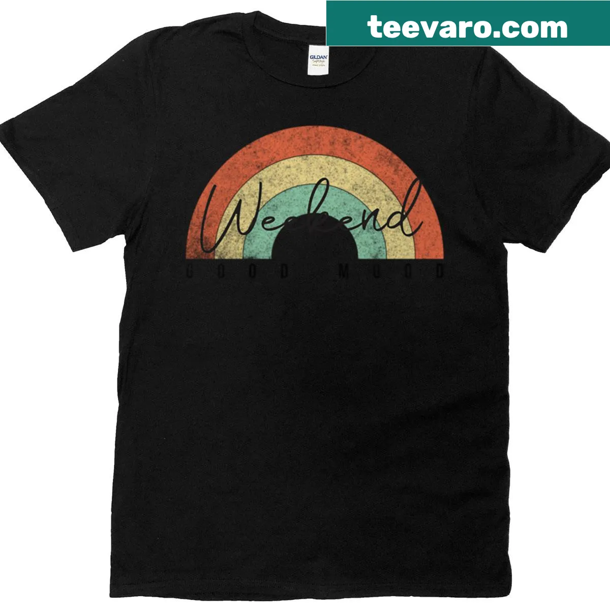 Retro graphic text on a T-shirt promoting good vibes — on a men's t-shirt