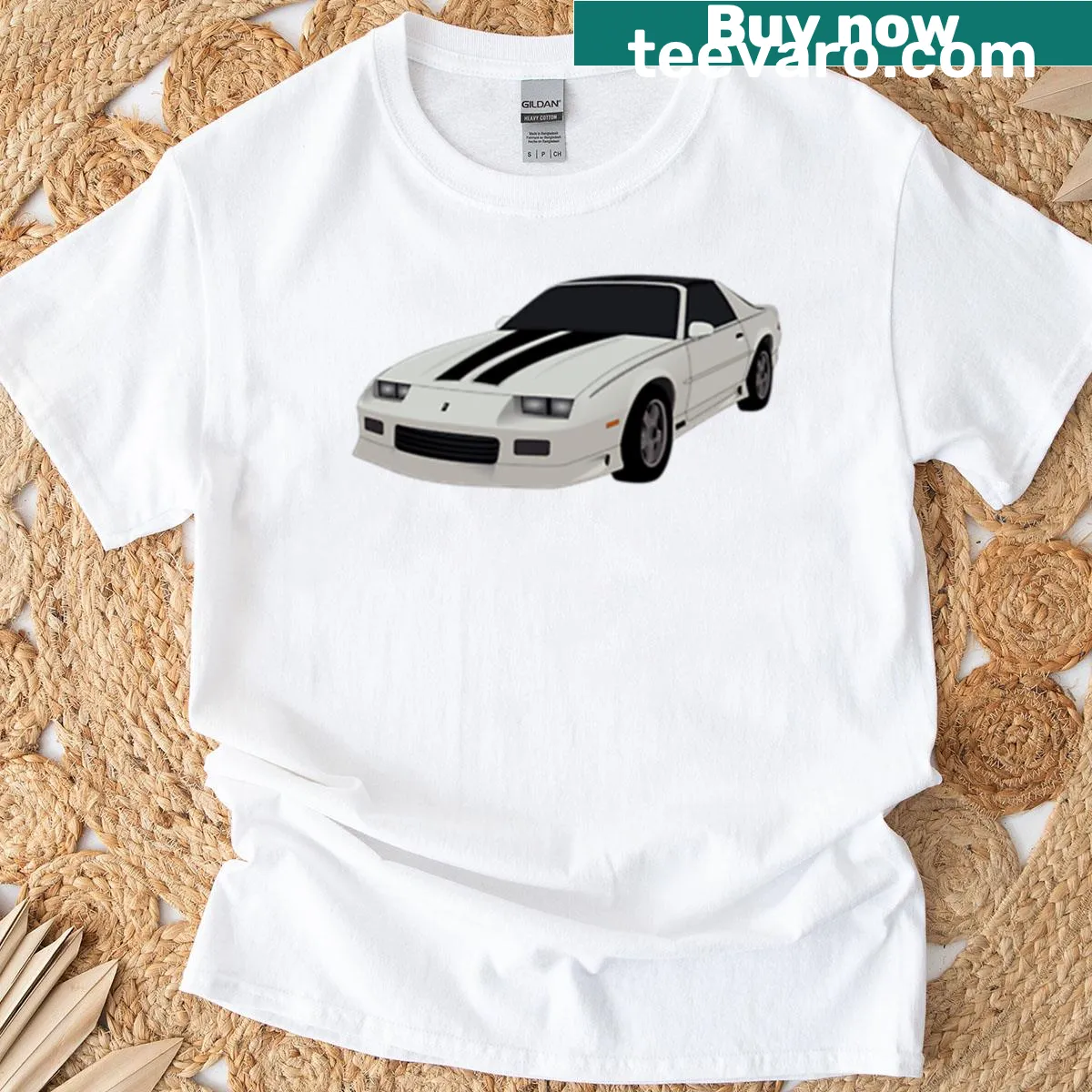 Illustration of a White Camaro RS Coupe on a T-shirt — on a men's t-shirt
