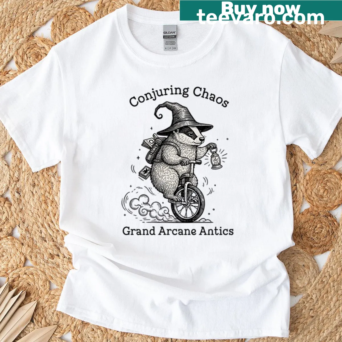 Vintage-style T-shirt with a wizard badger riding a unicycle — on a men's t-shirt