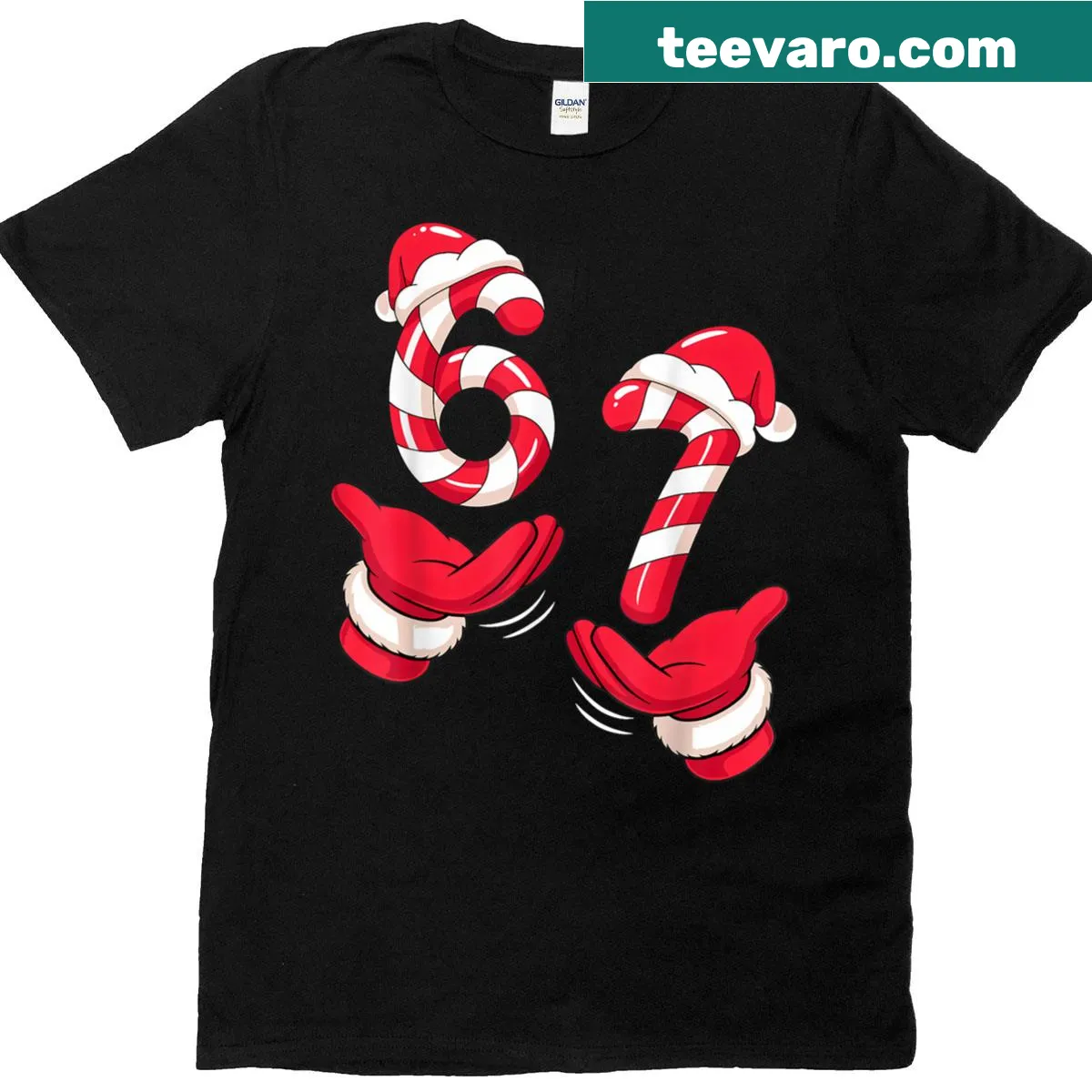 Christmas T-shirt with candy cane and '67 Meme' design — on a men's t-shirt
