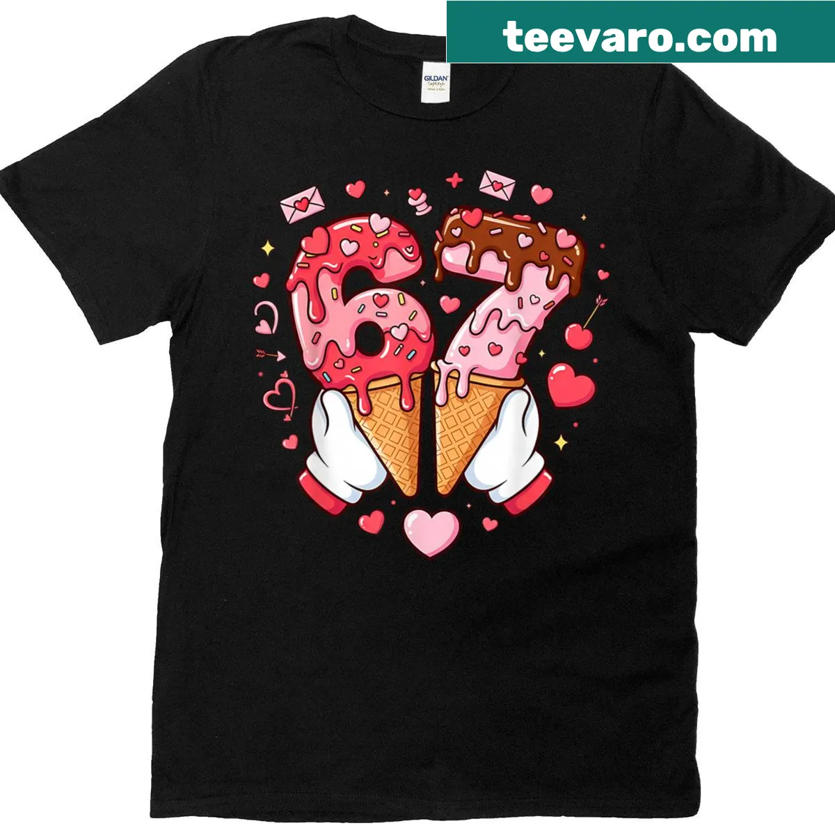 Funny Valentine meme T-shirt with '67 Meme' text design — on a men's t-shirt