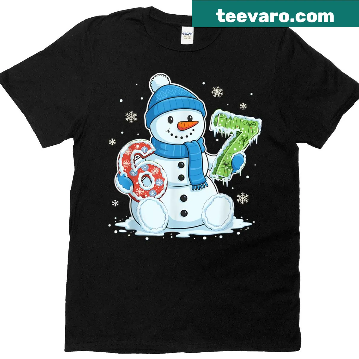 Funny winter T-shirt with snowman and '67 Meme' text — on a men's t-shirt