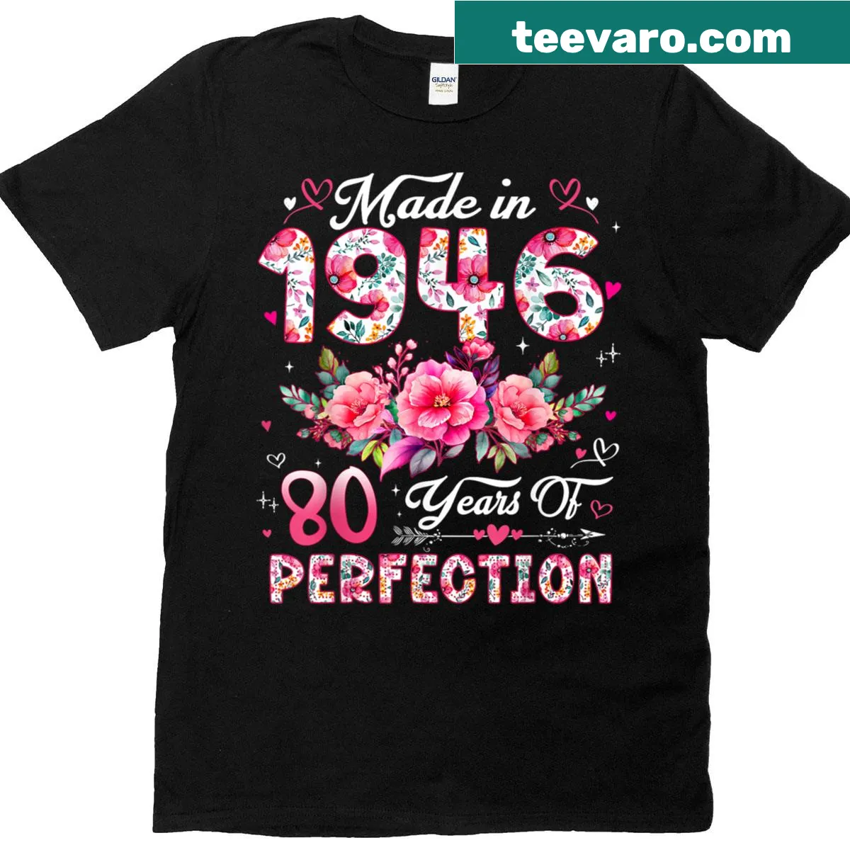 Floral t-shirt celebrating an 80th birthday for women born in 1946 — on a men's t-shirt