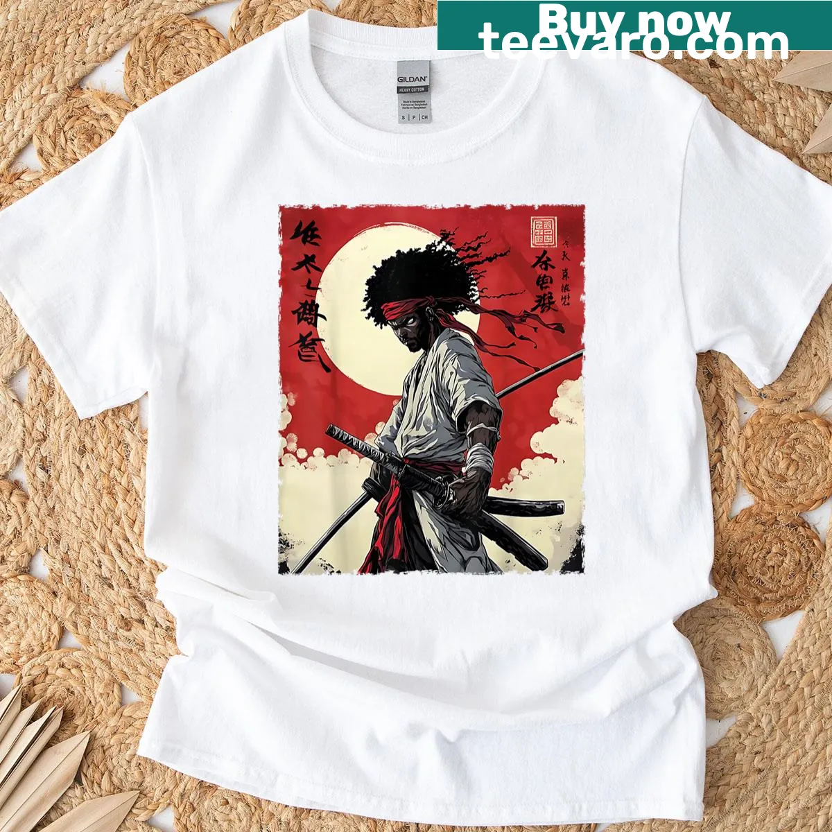 Samurai anime warrior graphic on t-shirt — on a men's t-shirt