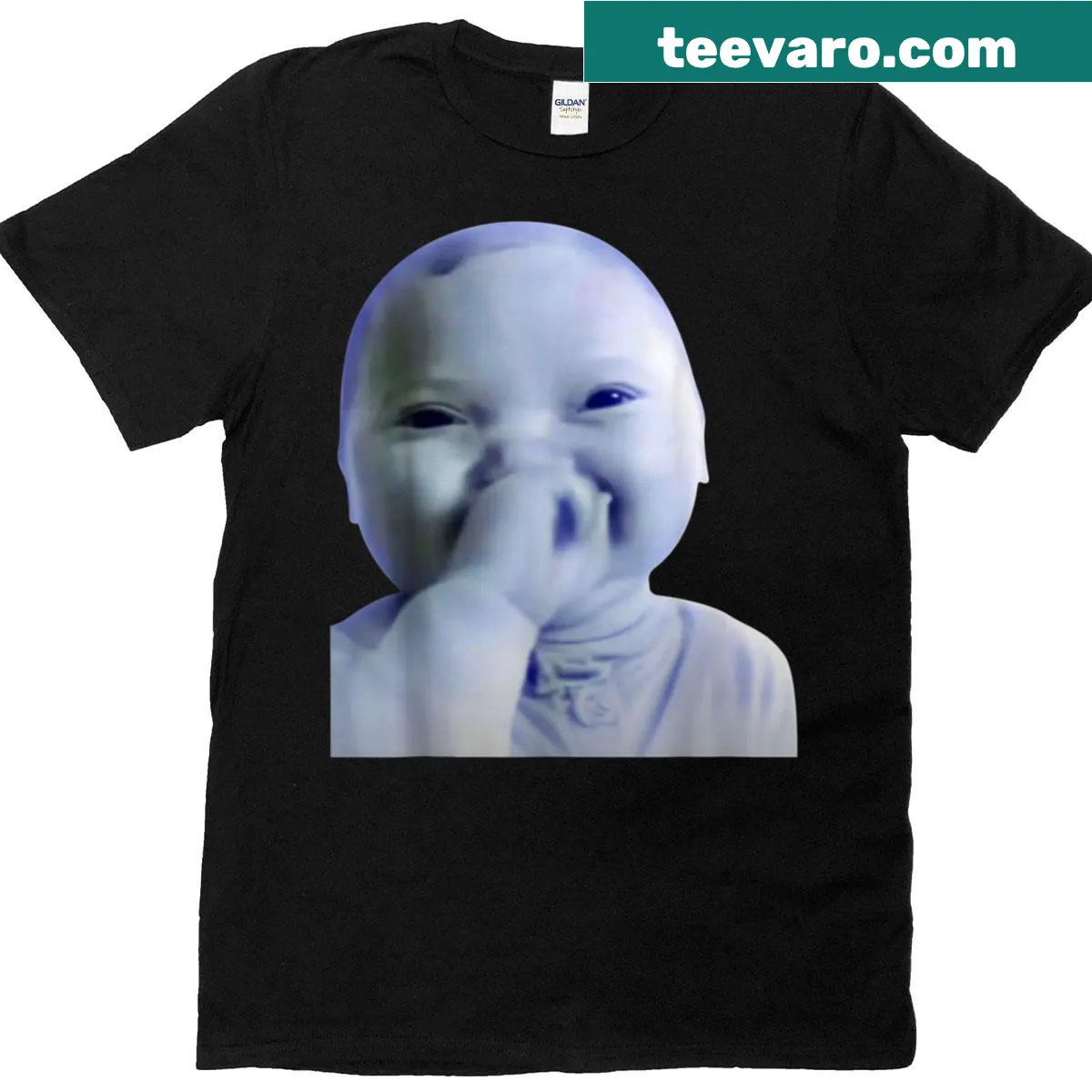Funny laughing baby meme graphic T-shirt — on a men's t-shirt