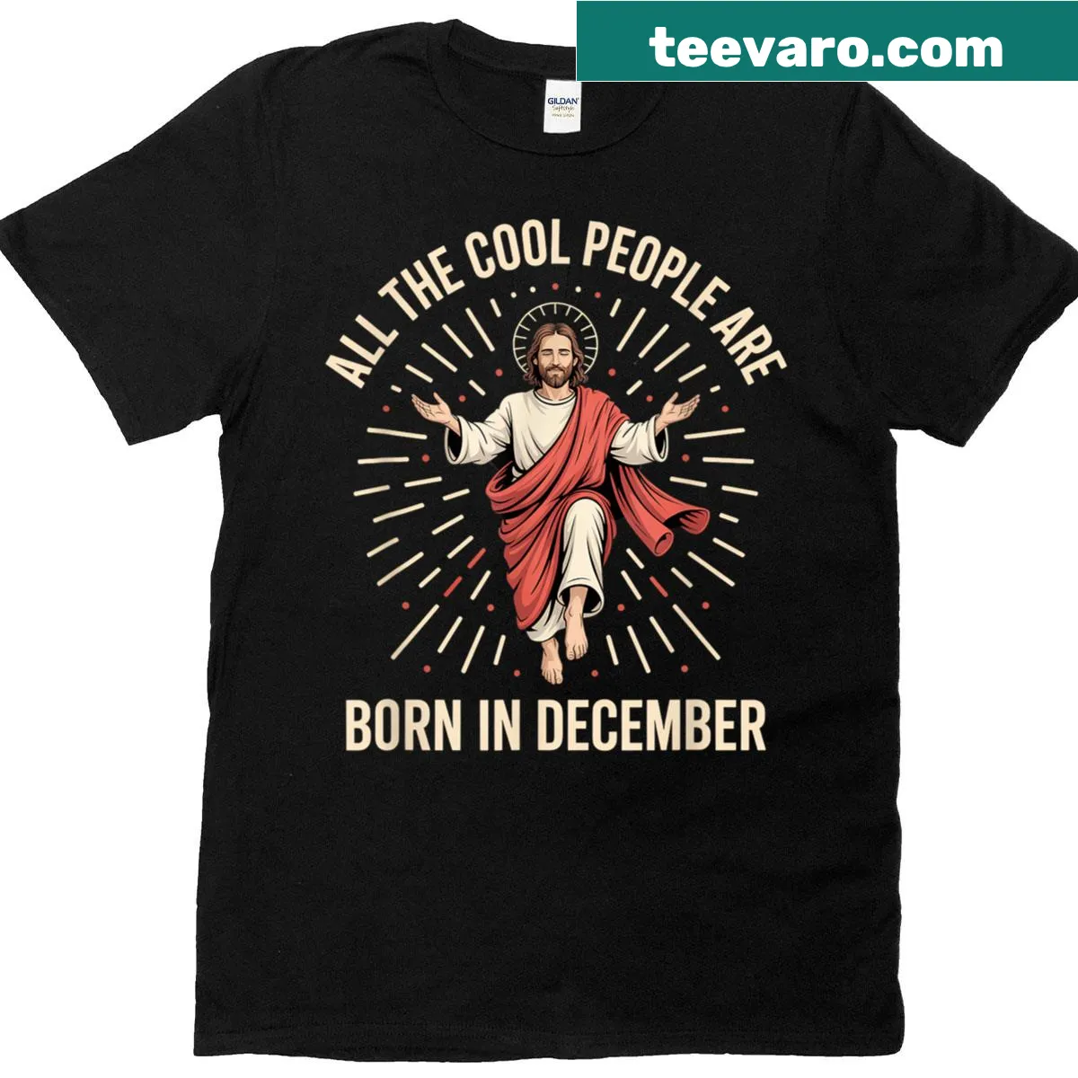 Illustrated December birthday t-shirt celebrating cool people born in December — on a men's t-shirt