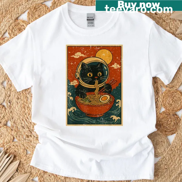 Graphic t-shirt featuring a cat astronaut with ramen