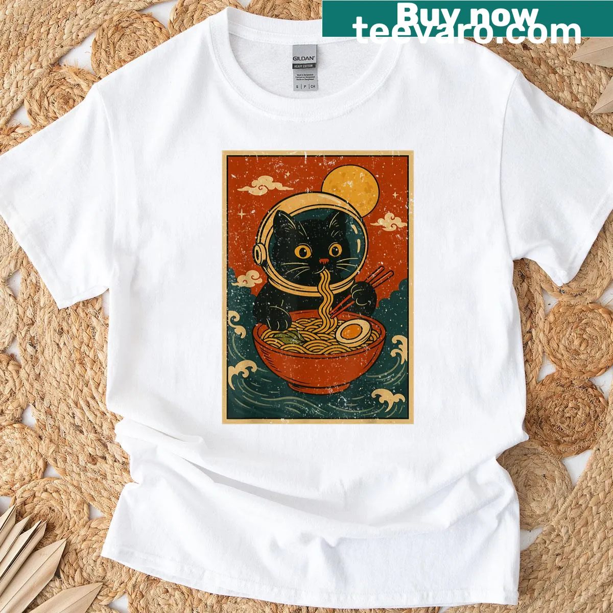 Graphic t-shirt featuring a cat astronaut with ramen — on a men's t-shirt