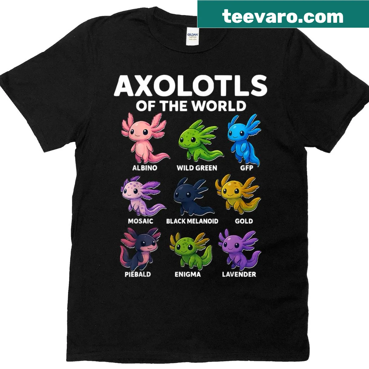 Cute t-shirt featuring kawaii-style axolotls — on a men's t-shirt