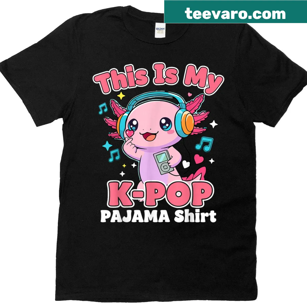 K-pop themed pajama t-shirt with an adorable axolotl design — on a men's t-shirt