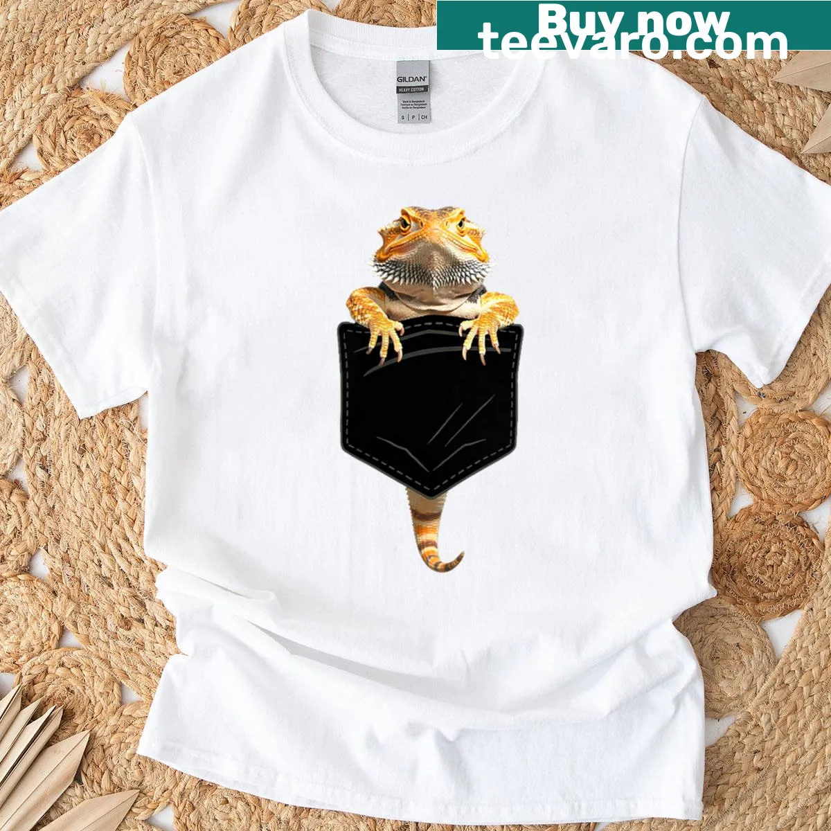 Funny pocket design t-shirt featuring a bearded dragon — on a men's t-shirt