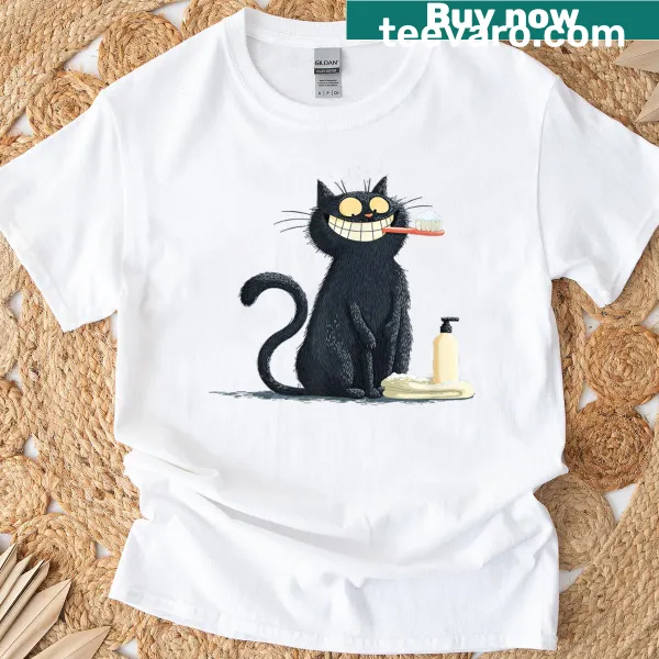Humorous t-shirt with a big smiling cat holding a toothbrush