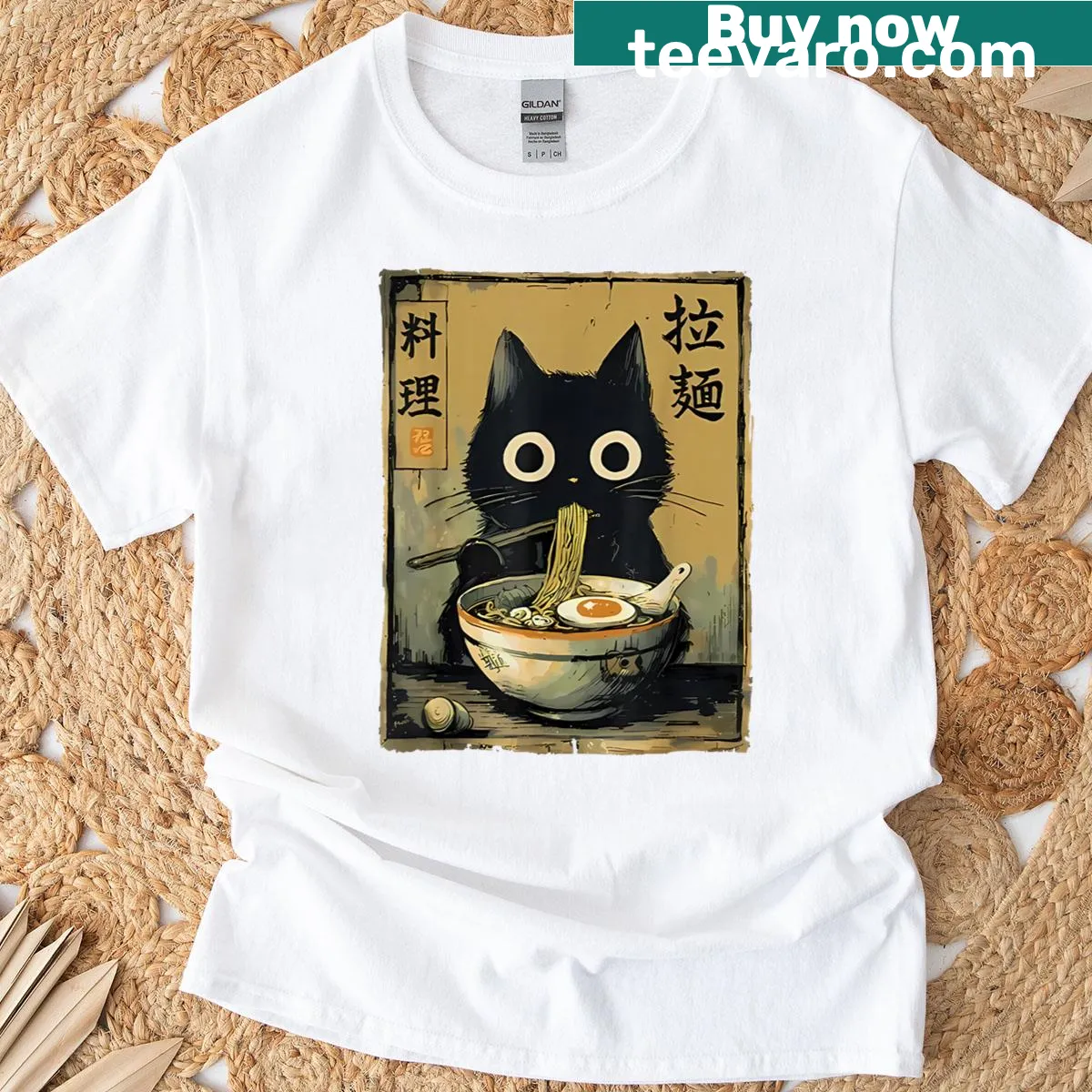 Illustration of a black cat eating ramen on a T-shirt — on a men's t-shirt