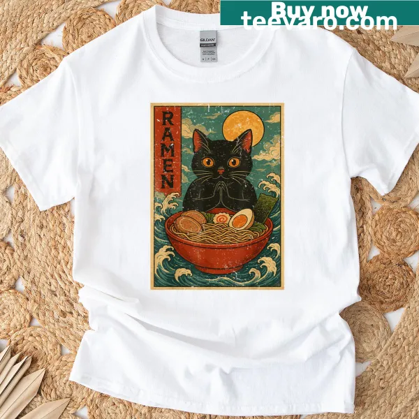 Graphic tee featuring a black cat with ramen noodles