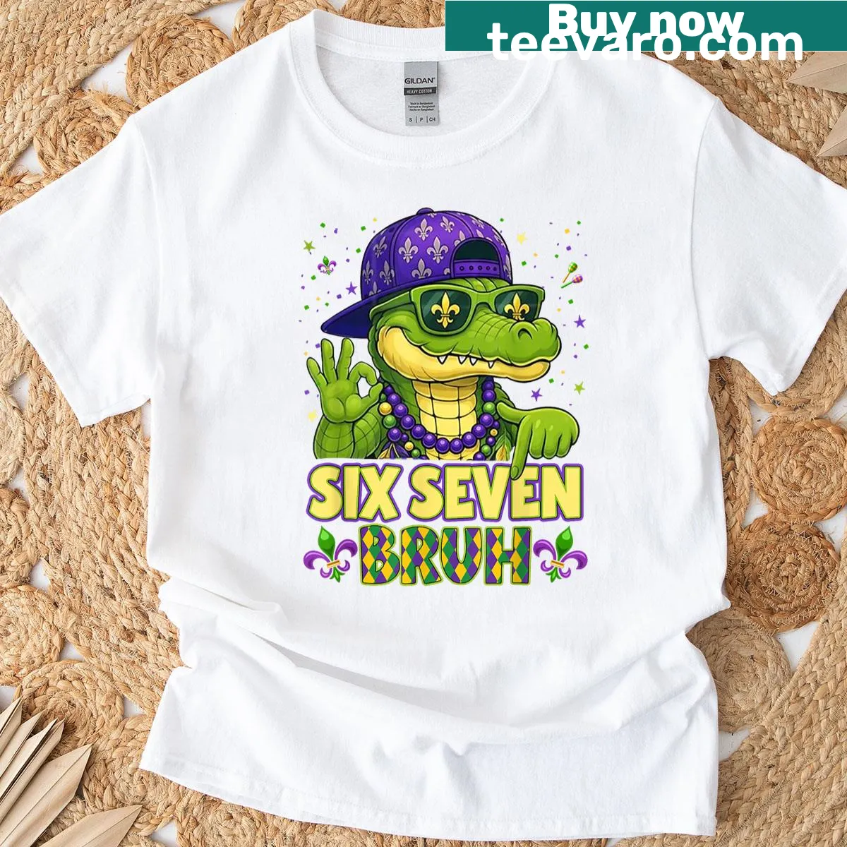 Funny Mardi Gras t-shirt featuring the 'Bruh Six Seven 67' meme — on a men's t-shirt