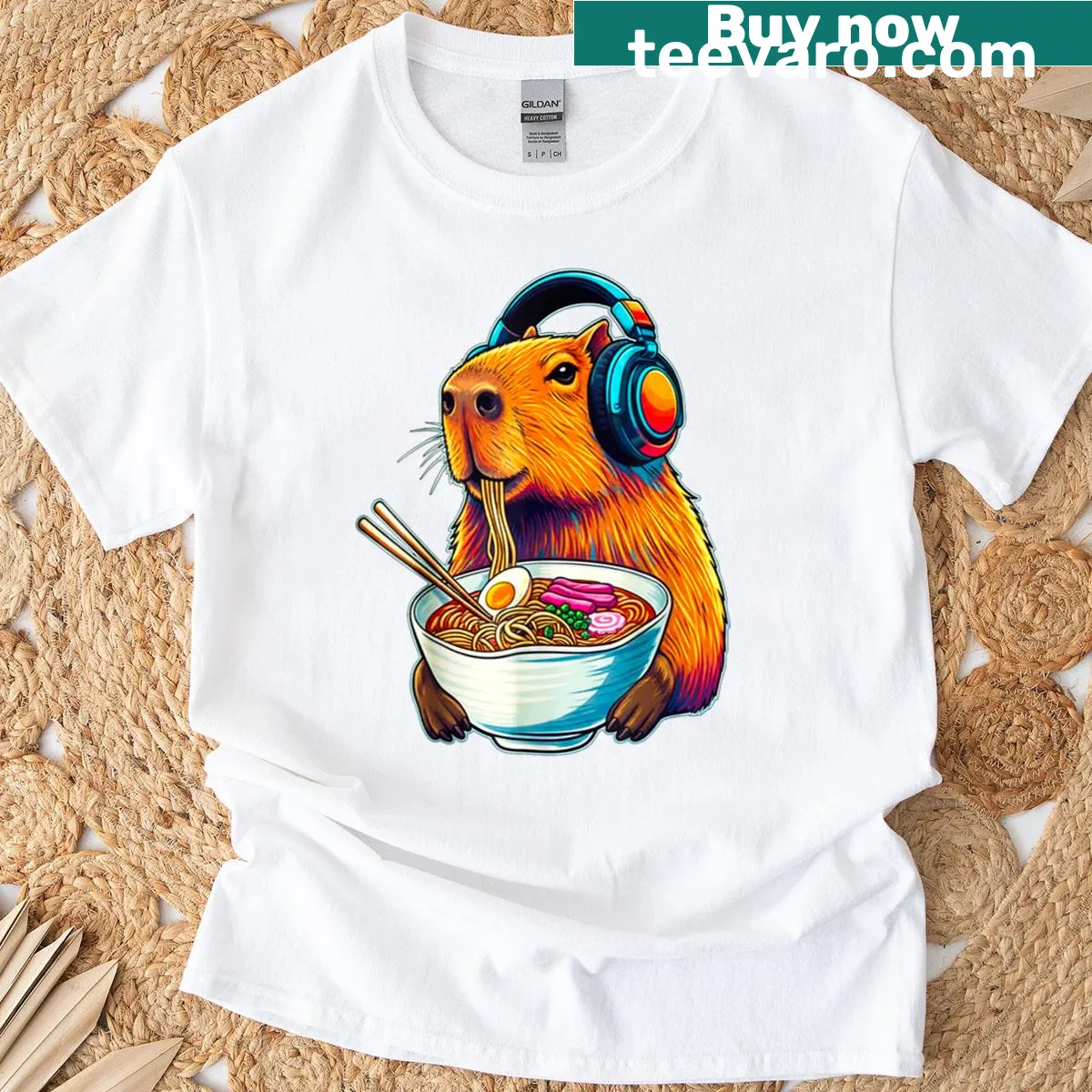 Funny T-shirt with a capybara eating ramen — on a men's t-shirt