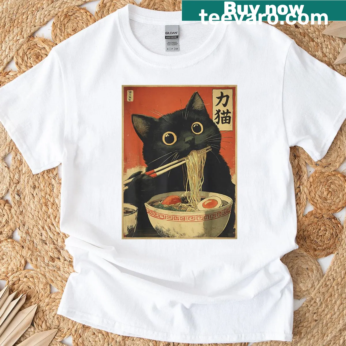 Cartoon cat enjoying ramen in funny graphic design — on a men's t-shirt