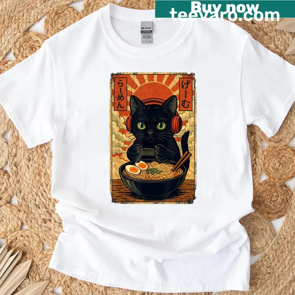 Kawaii cat with gaming headset graphic T-shirt