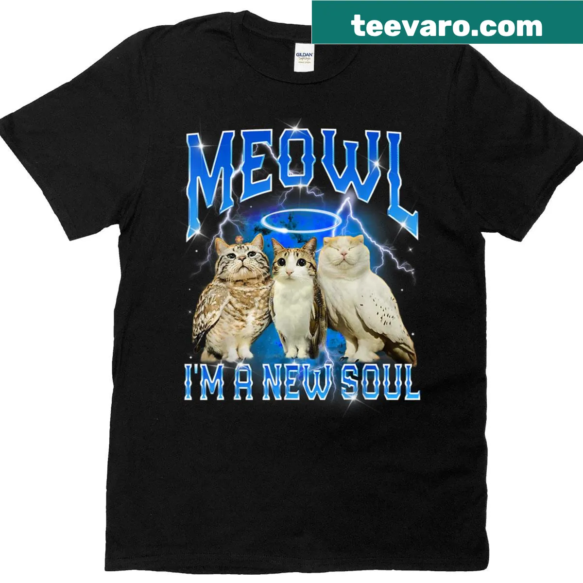 Bootleg Meowl t-shirt with a cartoon cat and owl design for humor lovers — on a men's t-shirt