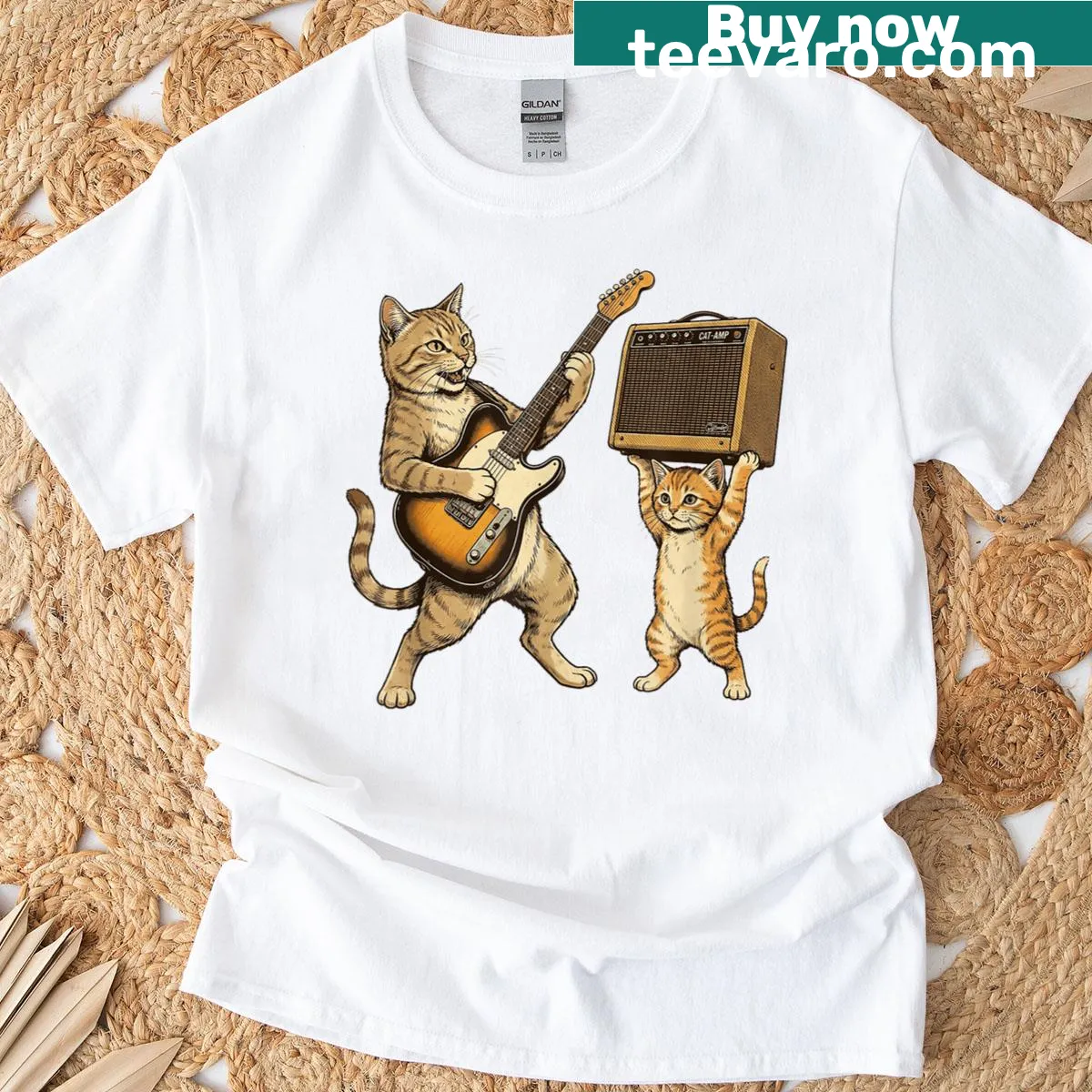 Cartoon cat playing guitar on a fun rock star t-shirt for kids — on a men's t-shirt