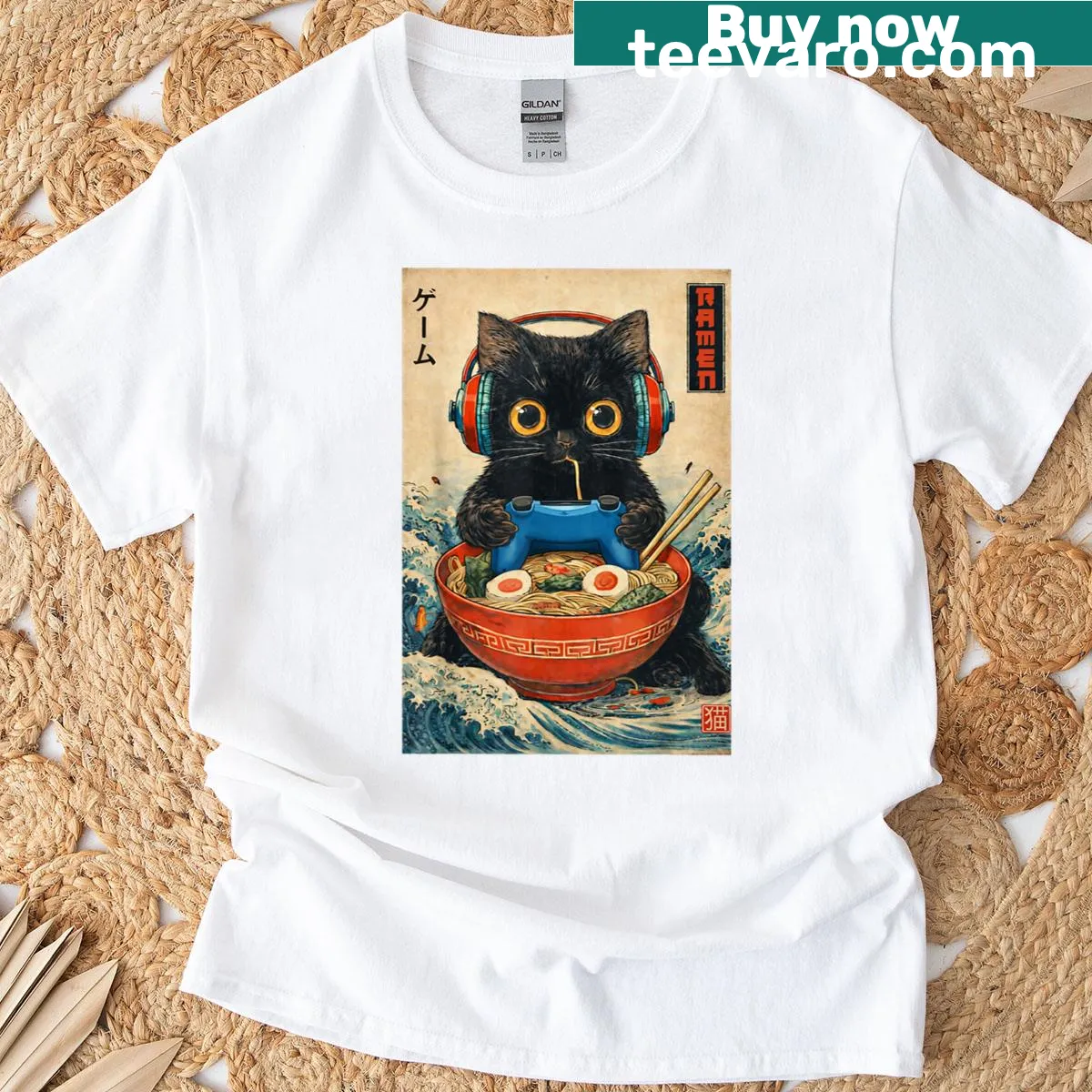 Kawaii cat ramen t-shirt with a funny graphic design — on a men's t-shirt
