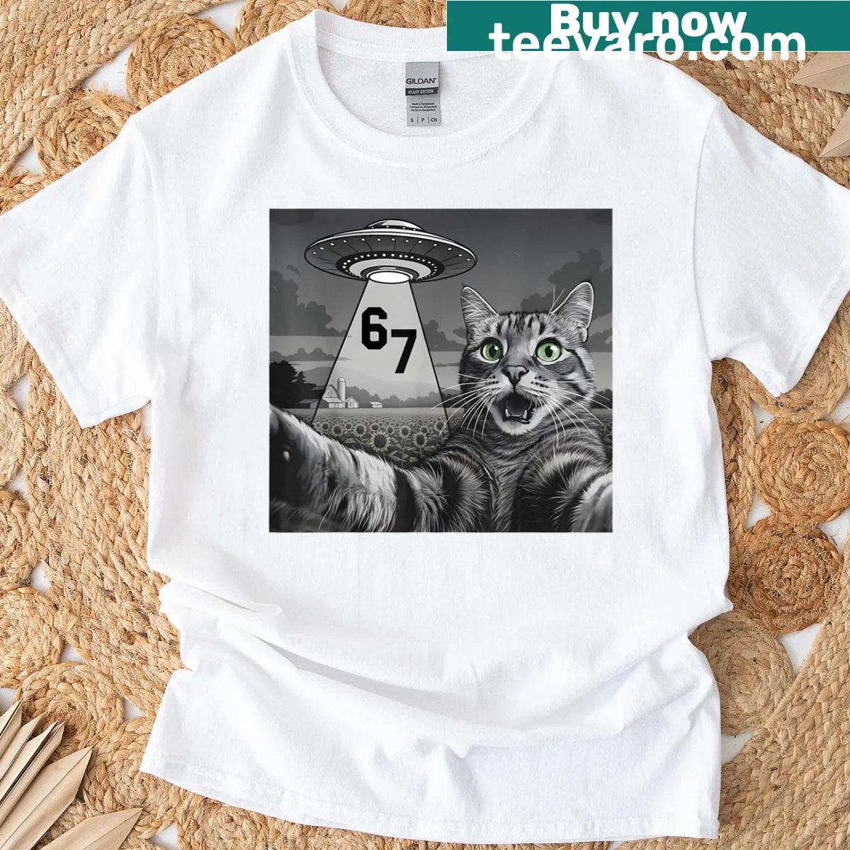 Funny cat selfie with alien UFO cartoon design on t-shirt — on a men's t-shirt