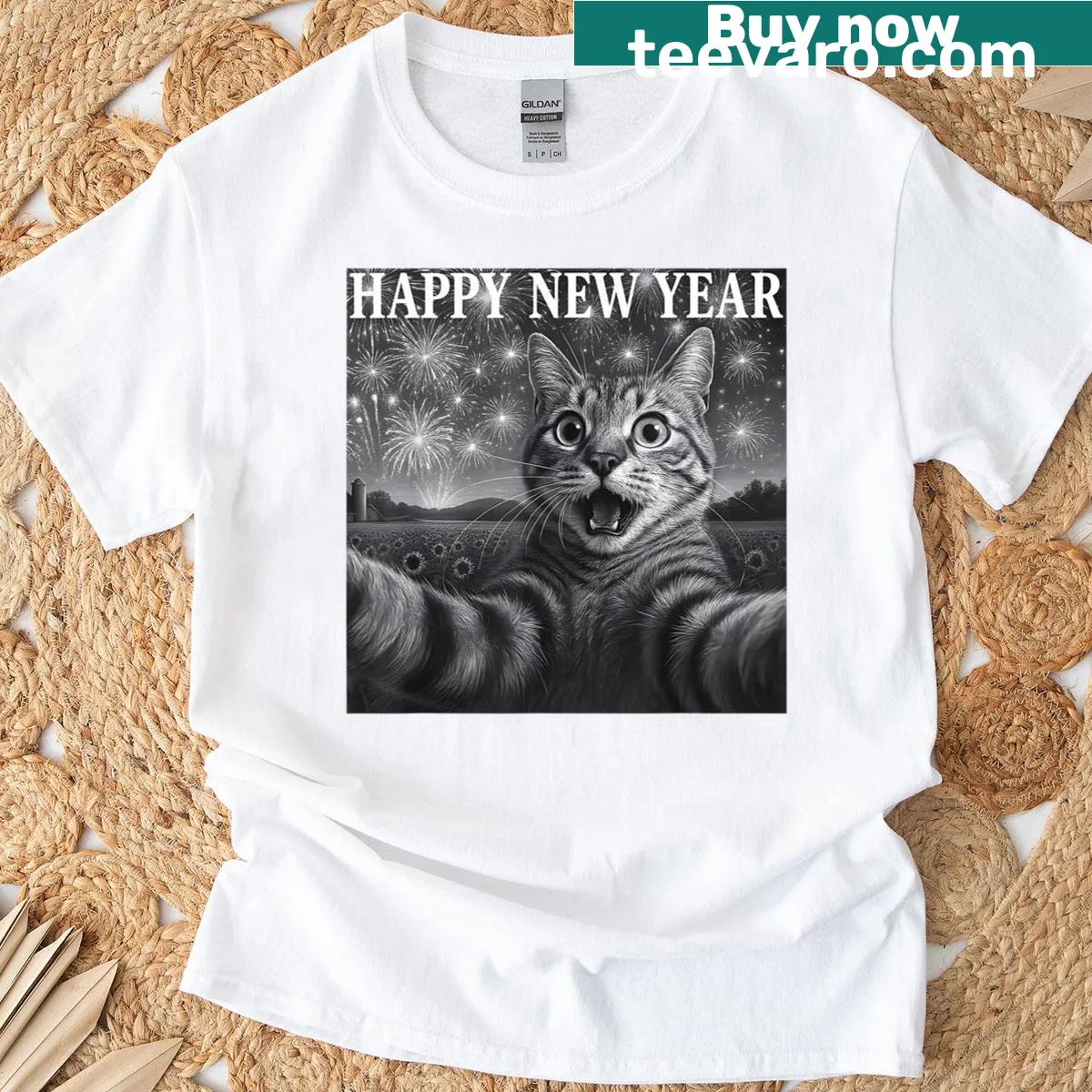 Funny cat taking a selfie with fireworks graphic on T-shirt — on a men's t-shirt