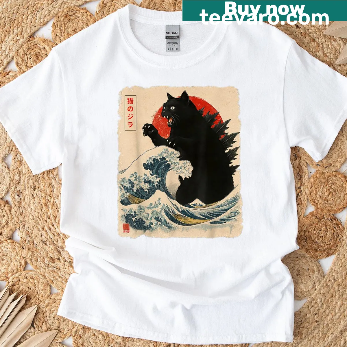 Funny Catzilla cat illustration in Japanese art style — on a men's t-shirt