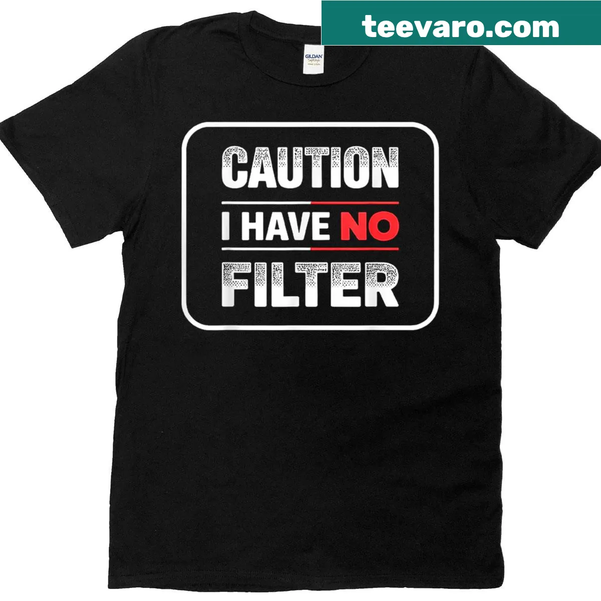 Sarcastic 'Caution I Have No Filter' graphic T-shirt — on a men's t-shirt