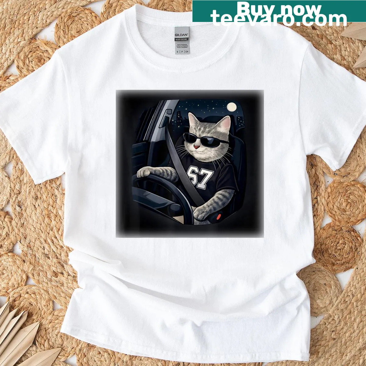 Funny t-shirt featuring a cool cat driving with sunglasses — on a men's t-shirt
