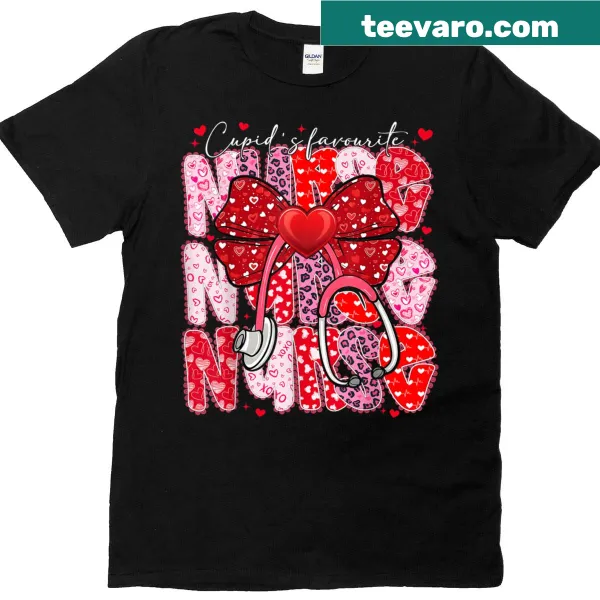 Cute T-shirt with 'Cupid's Favorite Nurse' text and illustrations