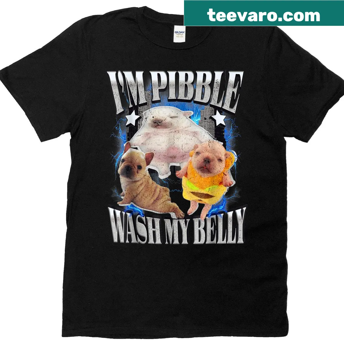 Funny bulldog illustration with the phrase I'm Pibble, Wash My Belly — on a men's t-shirt