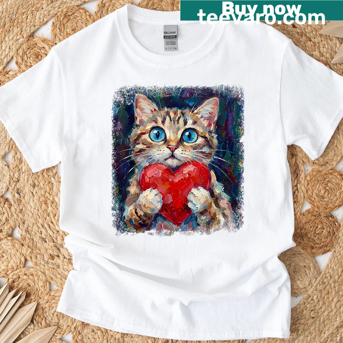 Cute cat holding a heart graphic on valentine's shirt — on a men's t-shirt
