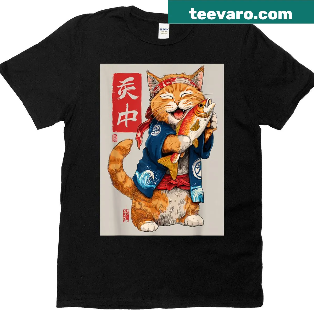 Cute cat sushi graphic T-shirt for food and anime lovers — on a men's t-shirt