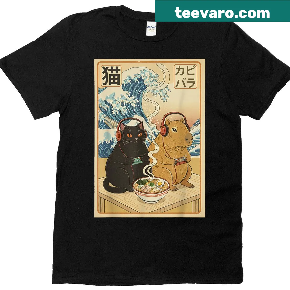 Kawaii gamer cat and capybara ramen graphic T-shirt — on a men's t-shirt