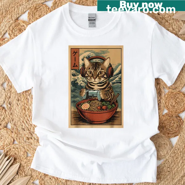Kawaii gamer cat with ramen graphic in a retro style