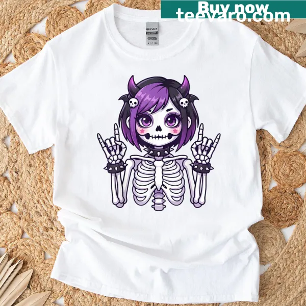 Kawaii goth girl skeleton graphic tee for alternative fashion lovers.