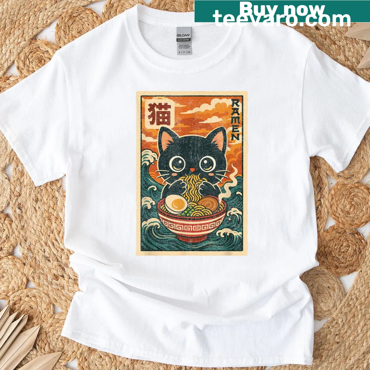 Cat eating ramen graphic in a vintage style — on a men's t-shirt